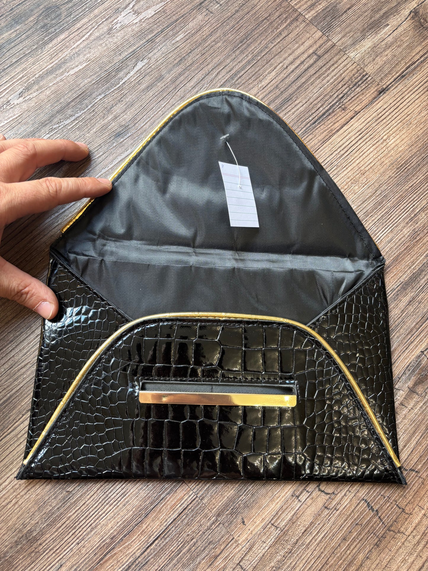 Vintage Croc Envelope Clutch – Black & Gold
