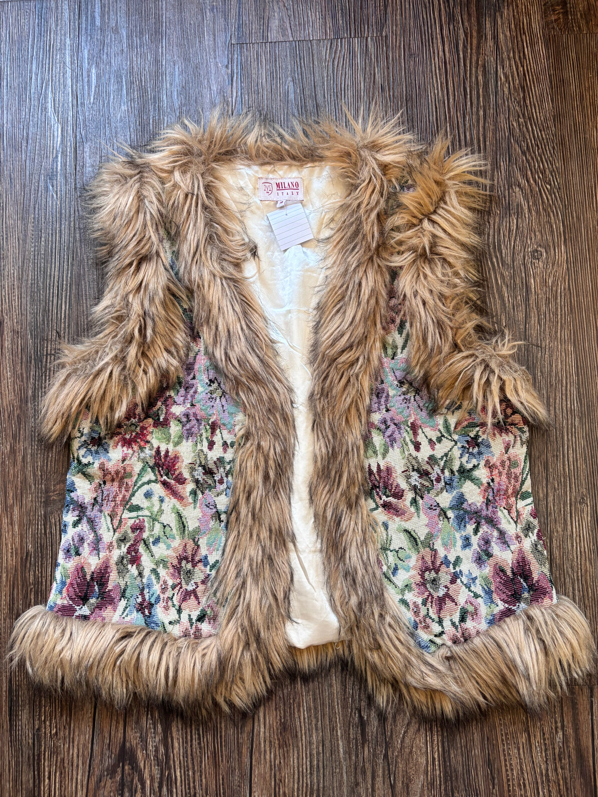 Vintage Milano Floral Tapestry Faux Fur Vest
