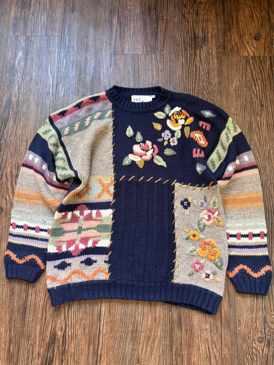 Vintage Together Patchwork Knit Sweater – Navy/Multi