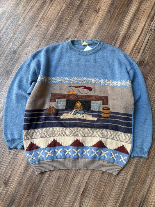 Vintage Cabin Scene Knit Sweater – Blue