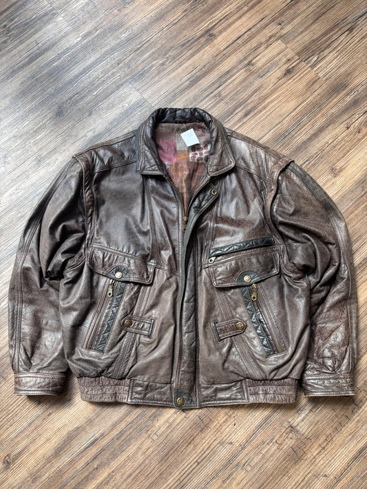 Vintage Convertible Leather Bomber – Brown