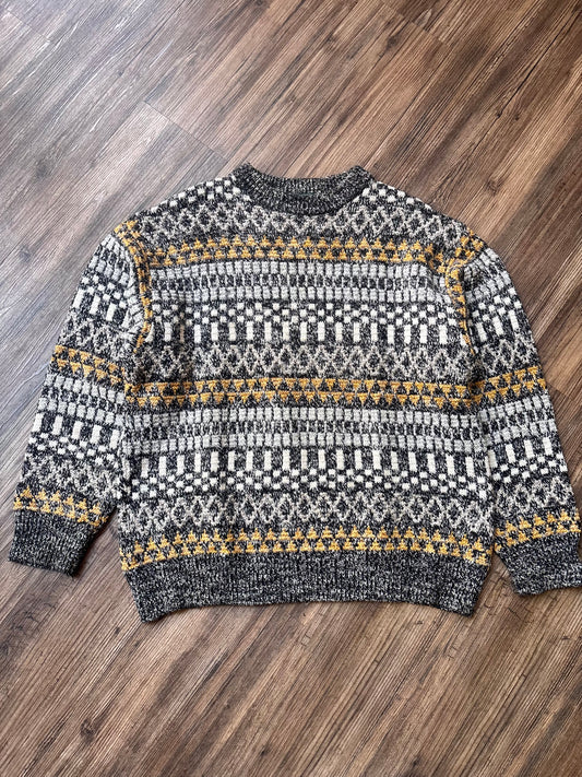 Vintage Nordic Pattern Knit Sweater – Grey & Mustard