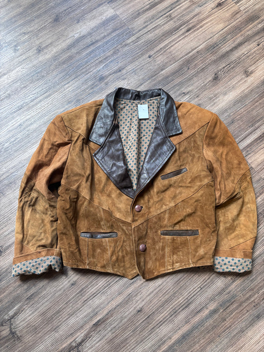 Vintage 80s Suede Tuxedo Jacket – Beige & Brown